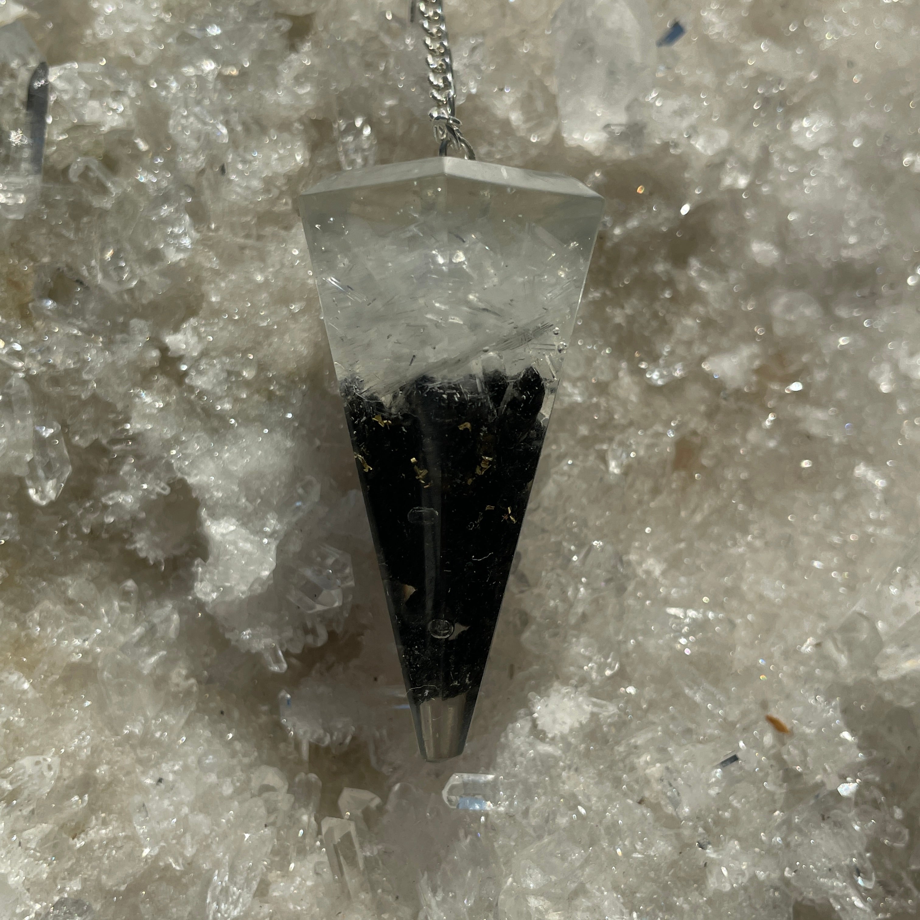 Orgonite Faceted Pendulum - Black Tourmaline and Selenite Orgonite Faceted Pendulum - Black Tourmaline and Selenite